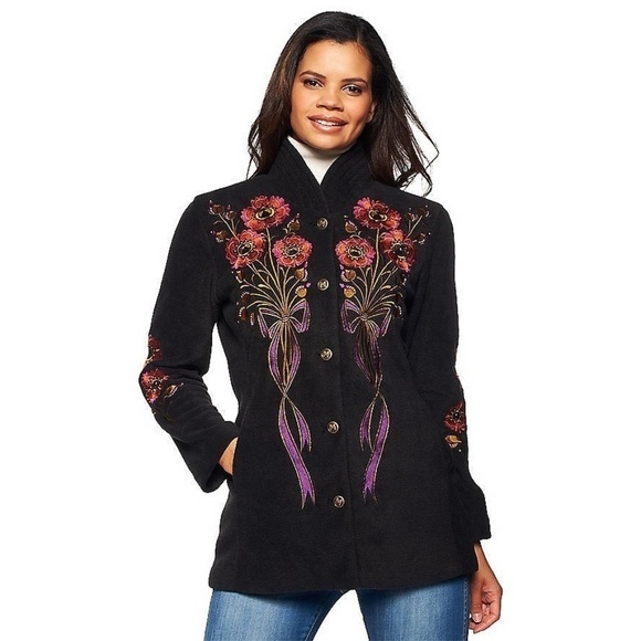 Bob Mackie Floral Embroidered Fleece Jacket Black - Picture 1 of 8